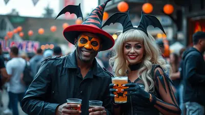 A smiling Black man in a witch hat and face paint and a smiling blonde woman in a bat costume hold drinks at an outdoor Halloween event.