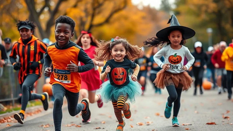 A group of children in Halloween costumes are running in a race, with pumpkins and fall foliage visible in the background.