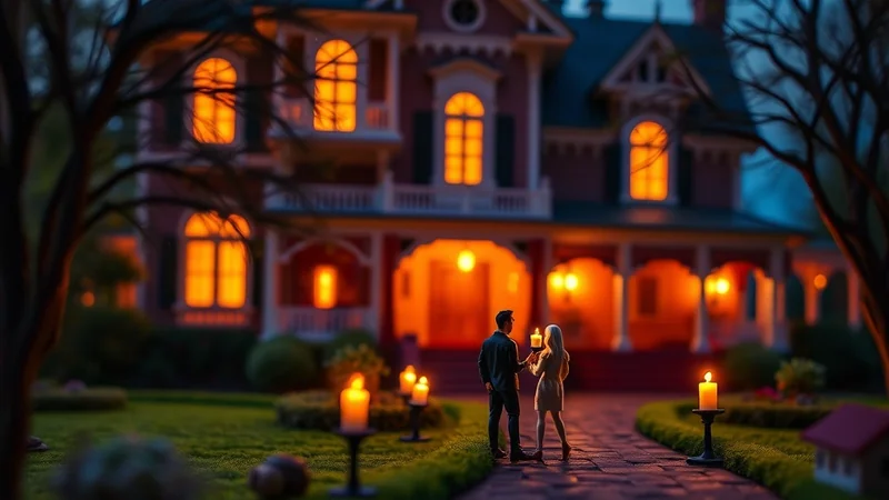 A couple holding candles stands on a cobblestone path in front of a dimly lit, spooky mansion at dusk, with more candles lining the walkway.