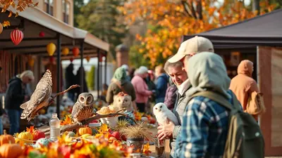 A man holds a white owl while looking at a table display of owls, pumpkins, and autumn leaves at an outdoor market.