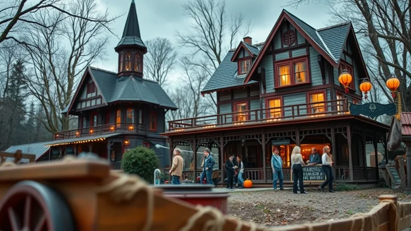 Two gothic-style houses with pointed roofs and dark wood exteriors are set in a wooded area, with people gathered on the porches and a wooden cart in the foreground, evoking a spooky, autumnal atmosphere.