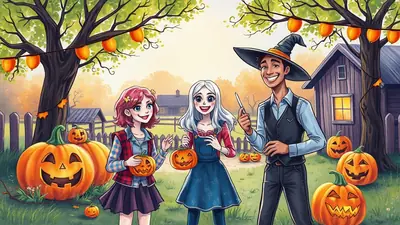 Three cartoon characters, two young women and one man dressed as a wizard, stand in a yard decorated with pumpkins and Halloween lights. The man holds a carving tool, and the women hold small pumpkins, suggesting they are preparing for Halloween festivities.