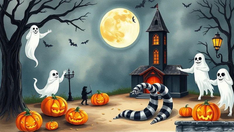 A whimsical Halloween scene with friendly ghosts, jack-o'-lanterns, a haunted house, and a full moon under a cloudy sky.