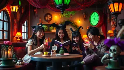 Four young women in Halloween costumes are gathered around a table in a dimly lit, spooky room, enjoying drinks and a book.