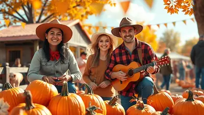 Three smiling people in cowboy hats are posing in front of a pumpkin patch during autumn. A man in the center is playing an acoustic guitar, while a woman on his left and another woman on his right smile at the camera. The background shows a rustic farm setting with colorful fall foliage and festive bunting.