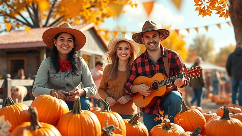 Three smiling people in cowboy hats are posing in front of a pumpkin patch during autumn. A man in the center is playing an acoustic guitar, while a woman on his left and another woman on his right smile at the camera. The background shows a rustic farm setting with colorful fall foliage and festive bunting.