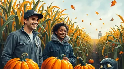 A smiling couple stands in a corn maze with pumpkins in the foreground, under a sky with falling autumn leaves and a distant lighthouse.