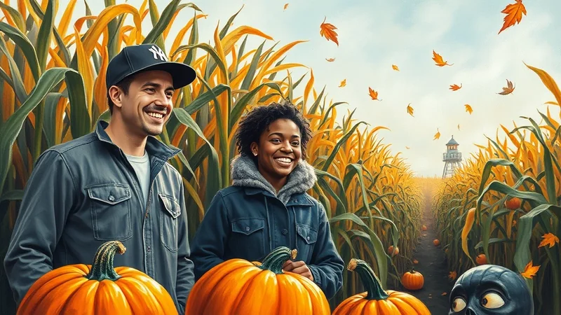 A smiling couple stands in a corn maze with pumpkins in the foreground, under a sky with falling autumn leaves and a distant lighthouse.