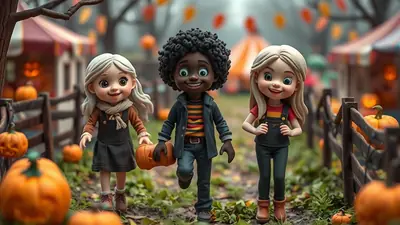 Three cartoon children, two girls and one boy, walk through a festive outdoor Halloween setting with pumpkins and tents in the background.
