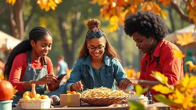 Three young Black people are sitting at a table outdoors, enjoying a meal in an autumn setting. The person on the left is looking at their phone, while the person in the middle and the person on the right are reaching into a large basket of food. The leaves on the trees are golden and orange, suggesting a fall harvest or picnic.
