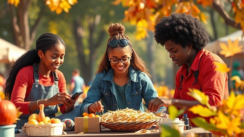 Three young Black people are sitting at a table outdoors, enjoying a meal in an autumn setting. The person on the left is looking at their phone, while the person in the middle and the person on the right are reaching into a large basket of food. The leaves on the trees are golden and orange, suggesting a fall harvest or picnic.