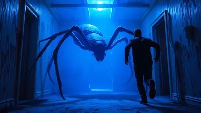 A man runs down a dark, blue-lit hallway with blood splatters on the walls, pursued by a giant spider that is descending from the ceiling.