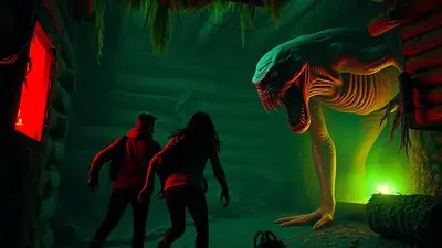 Two people in a dark, moss-covered cave or cabin are looking at a large, monstrous creature with sharp teeth and glowing eyes. The creature is emerging from the shadows, illuminated by green and red light, creating a terrifying and suspenseful atmosphere.