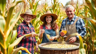 Three farmers, two men and one woman, stand in a cornfield with a large basket of corn kernels. The man on the left wears a red and blue plaid shirt and a straw hat. The woman in the center wears a denim jumpsuit and a brown hat, holding a spoon with corn kernels. The man on the right wears a blue plaid shirt and overalls, holding a glass of orange juice. They are all smiling and appear to be harvesting or processing corn.