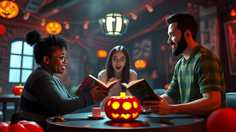 Three friends are sitting around a table in a dimly lit room decorated for Halloween, reading books. A jack-o'-lantern glows in the center of the table, and Halloween lights hang in the background.