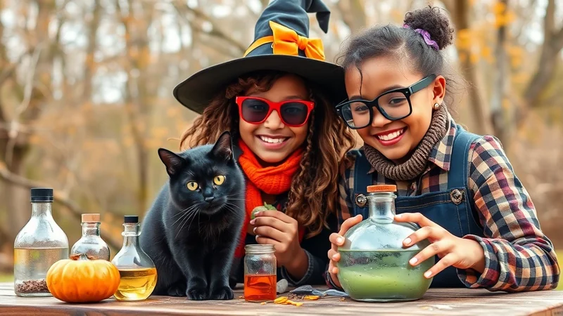 Two young girls dressed for Halloween, one in a witch hat and red sunglasses, the other in glasses and a plaid shirt, sit with a black cat and various potion bottles on a table outdoors.
