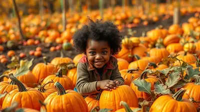A young Black child with a large afro smiles broadly while sitting amongst a field of bright orange pumpkins.