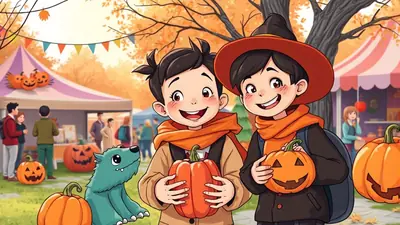 Two smiling children, one wearing a witch hat, hold pumpkins at an outdoor autumn festival. They are surrounded by pumpkins, tents, and other festival-goers, with colorful bunting overhead and fall foliage in the background.