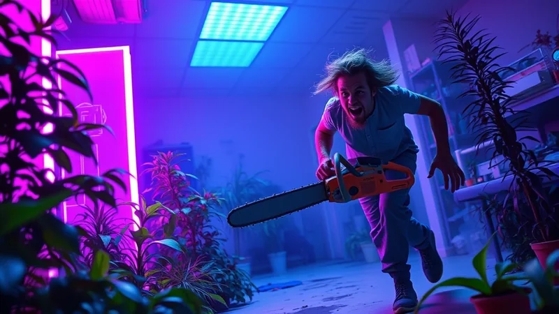 A man with wild hair and a crazed expression runs forward holding a running chainsaw in a room filled with plants and illuminated by purple and blue lights.