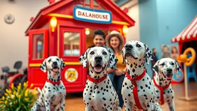 Four Dalmatians are posing in front of a red building with the sign "DALAHOUSE" above the entrance. Two people are smiling behind the dogs. The dogs are wearing red collars and appear to be in a playful or excited mood.