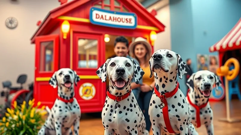 Four Dalmatians are posing in front of a red building with the sign "DALAHOUSE" above the entrance. Two people are smiling behind the dogs. The dogs are wearing red collars and appear to be in a playful or excited mood.