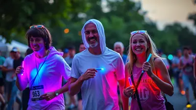 Three smiling people, two women and one man, participate in a nighttime glow run, holding illuminated glow sticks and wearing sunglasses.