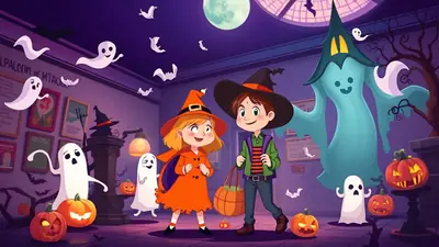 Two children dressed as witches, a boy and a girl, stand in a room decorated for Halloween with ghosts, pumpkins, and a large moon visible through a window.