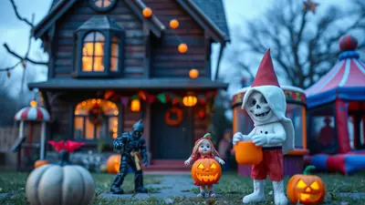 A Halloween scene with a spooky house, a skeleton character in a gnome hat holding a candy bucket, a child dressed as a pumpkin, and a zombie figure, all set against a backdrop of festive decorations and pumpkins.