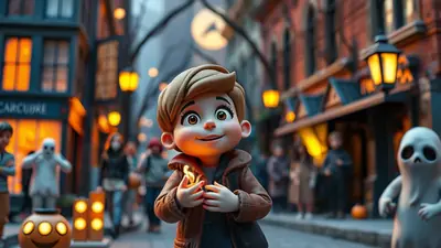 A cartoon child with a mischievous smile holds a small flame in their hands, standing on a street decorated for Halloween with glowing lanterns, spooky figures, and costumed people in the background.