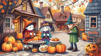 Three children in witch costumes are gathered around pumpkins on a street decorated for Halloween. One child in an orange witch hat holds a pie, another in a purple witch hat stands with hands clasped, and a third in a blue witch hat looks down at a pie on a table. The scene is set with houses, autumn leaves, and carved pumpkins, creating a festive and slightly spooky atmosphere.