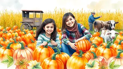 Two young girls smile brightly while sitting in a pumpkin patch with a farmer and cows in the background, surrounded by a field of golden wheat.