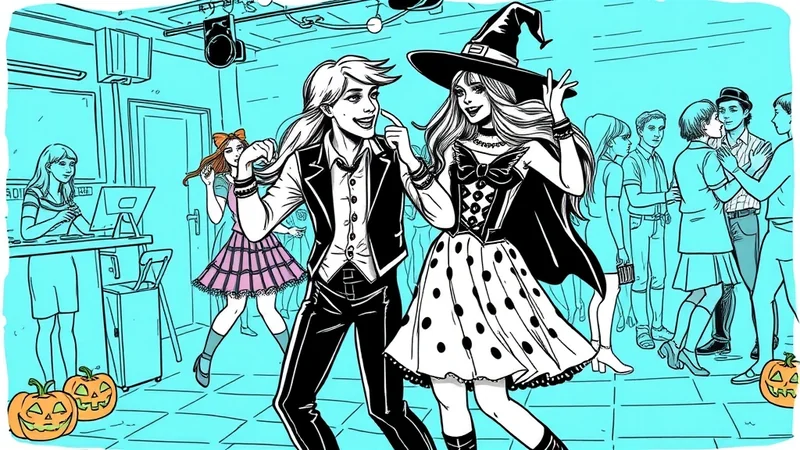 A group of people in costumes are dancing at a Halloween party. In the foreground, a man in a tuxedo and a woman dressed as a witch are dancing together. In the background, other partygoers are dancing and socializing. There are jack-o'-lanterns on the floor in the lower left and right corners of the image.