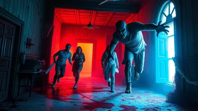 A terrifying zombie lunges towards a group of people running away in a dimly lit, blood-splattered hallway with red and blue lighting.