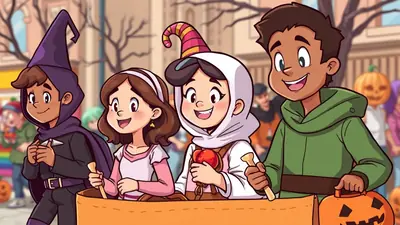 Four children in Halloween costumes are in a wagon, possibly participating in a parade or trick-or-treating. The child on the far left wears a purple wizard costume, the next child is dressed as a princess in pink, the third child is in a white ghost costume with a striped hat, and the child on the far right wears a green hooded jacket and holds a pumpkin-shaped candy bucket. The background suggests an outdoor street scene with blurred figures and decorations.