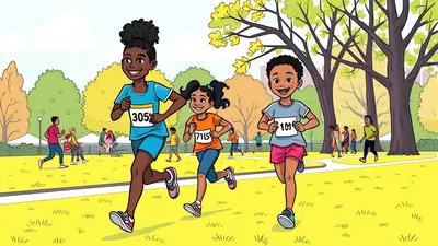 Three children of color are running a race in a park on a sunny day. The child in the front left wears a blue shirt with bib number 305, the child in the middle wears an orange shirt with bib number 7115, and the child on the right wears a light blue shirt with bib number 101. They are all smiling and appear to be enjoying the race, with other runners and spectators visible in the background.