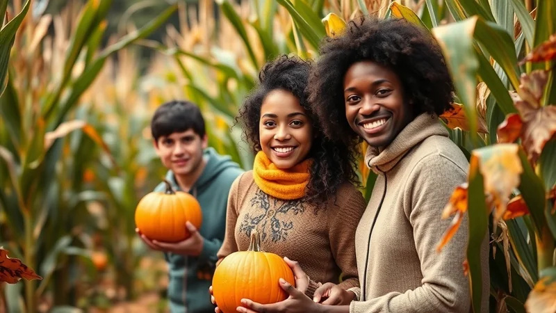Three smiling young people, two women and one man, stand in a cornfield holding pumpkins. The two women in the foreground are Black, and the man in the background is White. They are all dressed in warm, autumnal clothing and appear to be enjoying a fall outing.