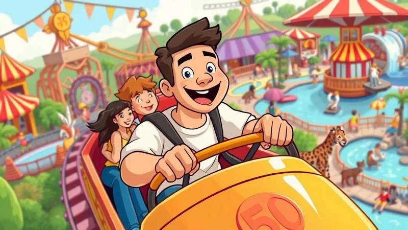 A group of friends joyfully riding a roller coaster at an amusement park, with other attractions and people visible in the background.