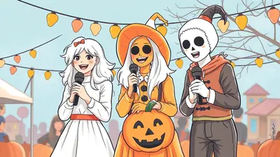Three anime-style characters in Halloween costumes sing into microphones at an outdoor event. The character on the left wears a white ghost costume with a red bow, the middle character is dressed as a pumpkin with a witch's hat, and the character on the right is in a skeleton costume.