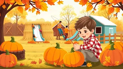 A cheerful autumn scene with a young boy in a red and white checkered shirt sitting in front of pumpkins, while other children play on a hay bale slide and a blue slide in the background.