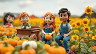 Four cartoon children in a pumpkin patch with sunflowers in the background. Two children in the foreground are sitting, one holding a small pumpkin, and the other wearing blue overalls. Two other children are in the background, one in a wagon and another behind them.