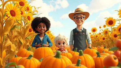 A cheerful cartoon scene of a farmer and two children in a pumpkin patch surrounded by sunflowers and corn stalks under a blue sky with fluffy clouds.