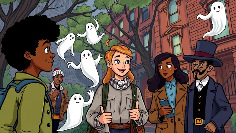 A group of diverse people are walking down a street lined with old buildings, while several friendly cartoon ghosts float around them. The mood is lighthearted and spooky, suitable for Halloween.
