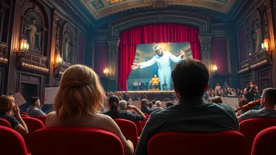 An audience watches a performance on a grand stage in a vintage theater, with a man in a white suit gesturing dramatically.