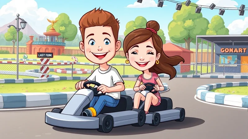 A boy and a girl are happily racing go-karts on a sunny day at an outdoor track, with a building labeled "GONART" visible in the background.