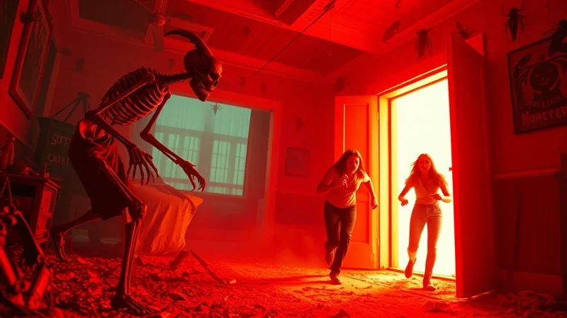 A terrifying skeleton creature with horns and sharp claws lunges towards two young women who are fleeing through a doorway, illuminated by a stark red light in a room decorated with large insect figures.