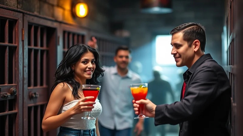 A man and a woman in a dimly lit, industrial-looking hallway with barred doors, clinking cocktails and smiling at each other, with other figures blurred in the background.