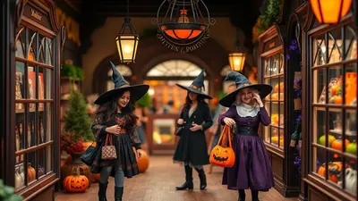 Three young girls dressed as witches with pointy hats and Halloween-themed bags walk through a shop decorated for Halloween with pumpkins and spooky items on display.