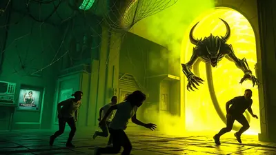 A terrifying alien creature with horns and sharp claws emerges from a glowing yellow portal, while several people flee in terror through a dark, eerie street filled with cobwebs.