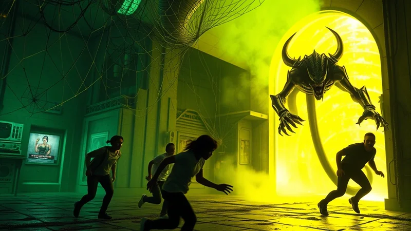A terrifying alien creature with horns and sharp claws emerges from a glowing yellow portal, while several people flee in terror through a dark, eerie street filled with cobwebs.