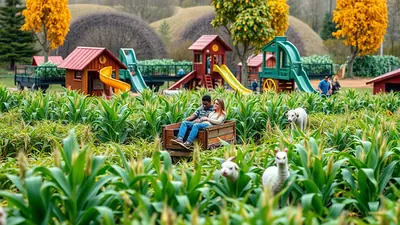 A couple sits in a wooden cart in a cornfield, with a playground and farm animals in the background.